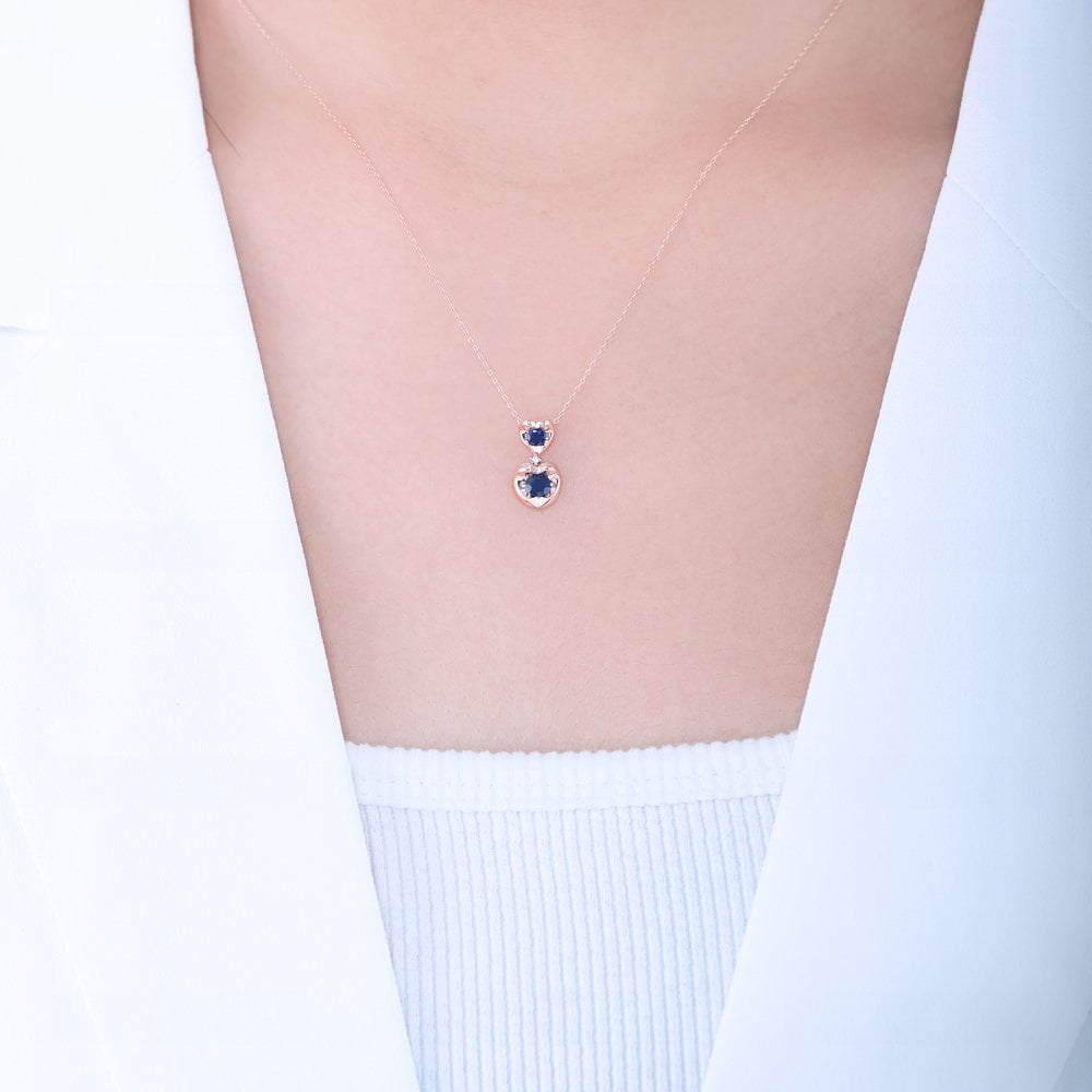 SPARKLD 9ct Rose Gold Diamond and Sapphire Heart Pendant Necklace