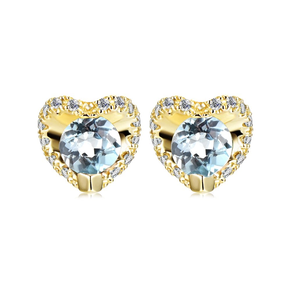 SPARKLD 9ct Yellow Gold Diamond and Blue Topaz Heart Stud Earrings