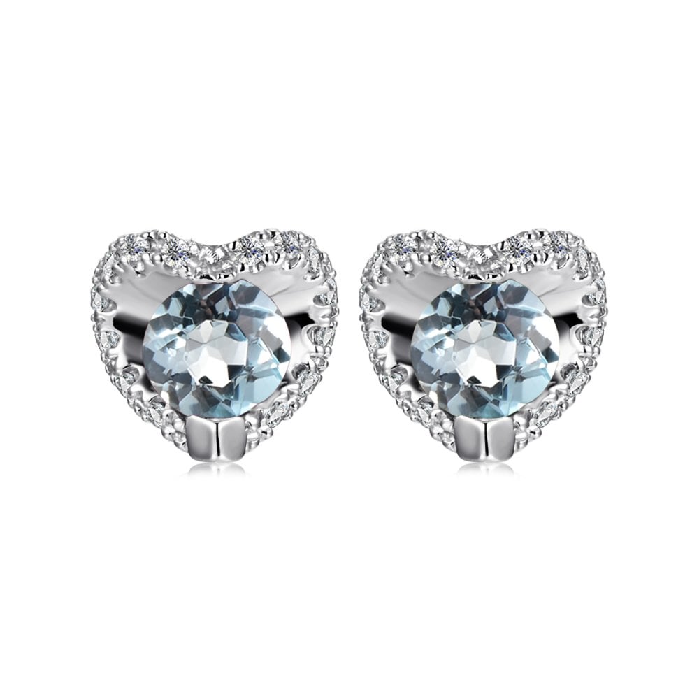 SPARKLD 9ct White Gold Diamond and Blue Topaz Heart Stud Earrings