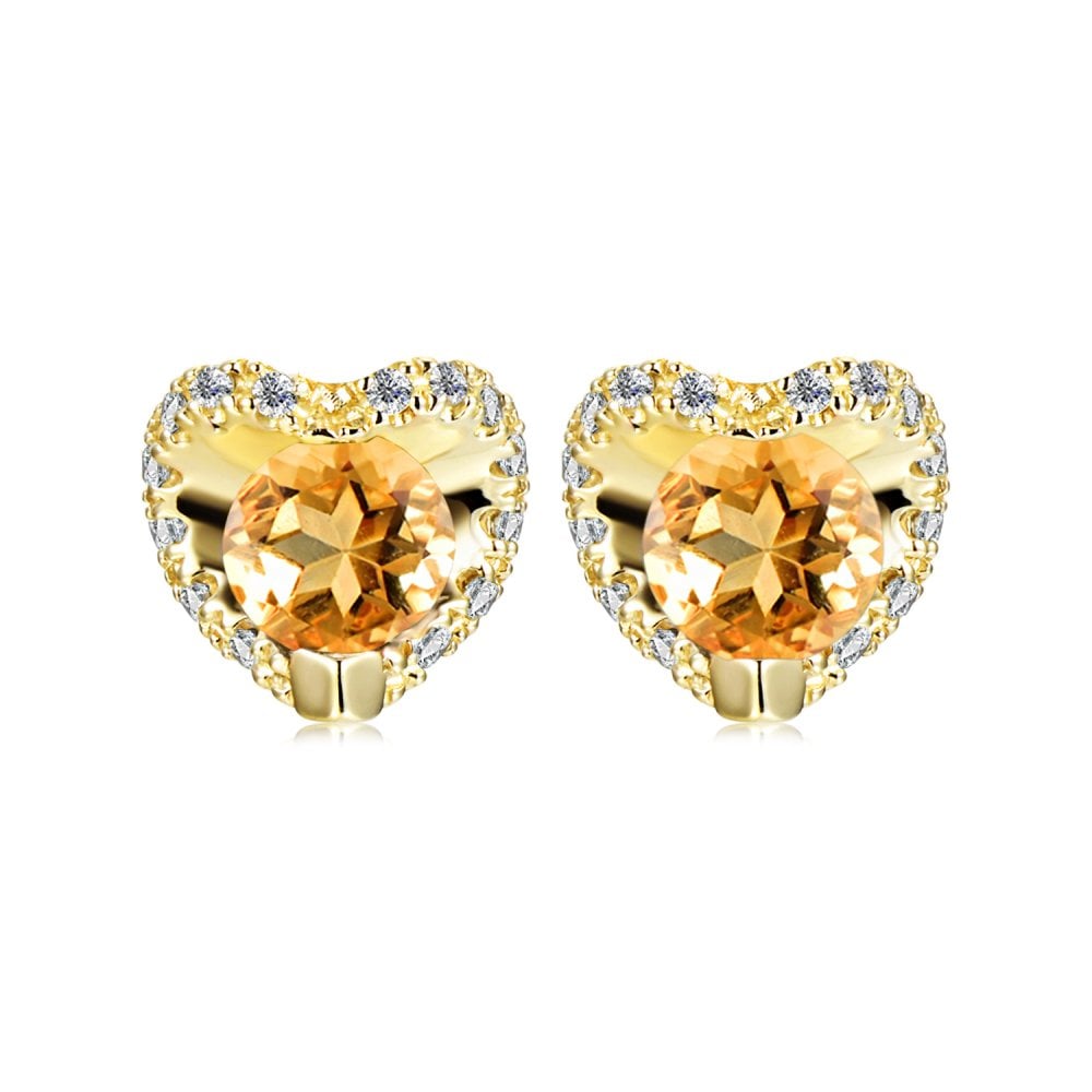 SPARKLD 9ct Yellow Gold Diamond and Citrine Heart Stud Earrings