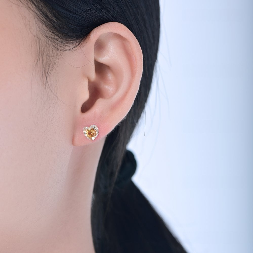 SPARKLD 9ct Yellow Gold Diamond and Citrine Heart Stud Earrings