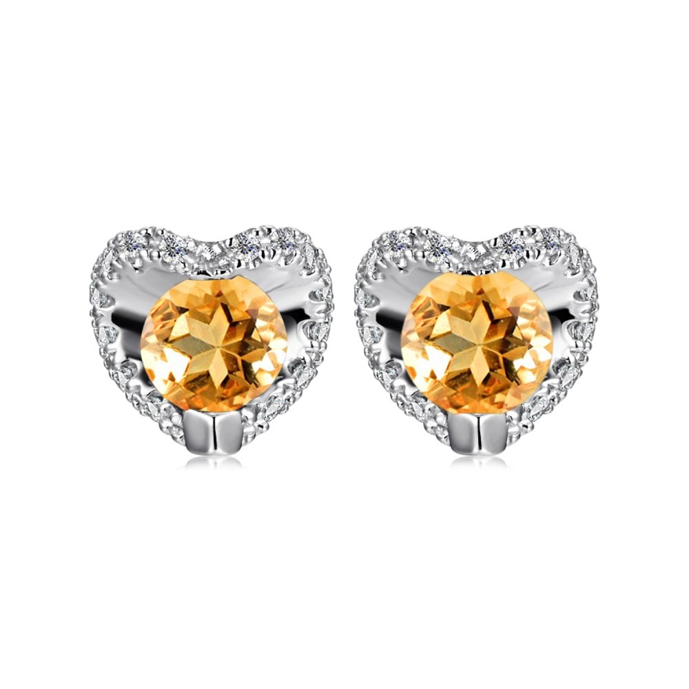 SPARKLD 9ct White Gold Diamond and Citrine Heart Stud Earrings