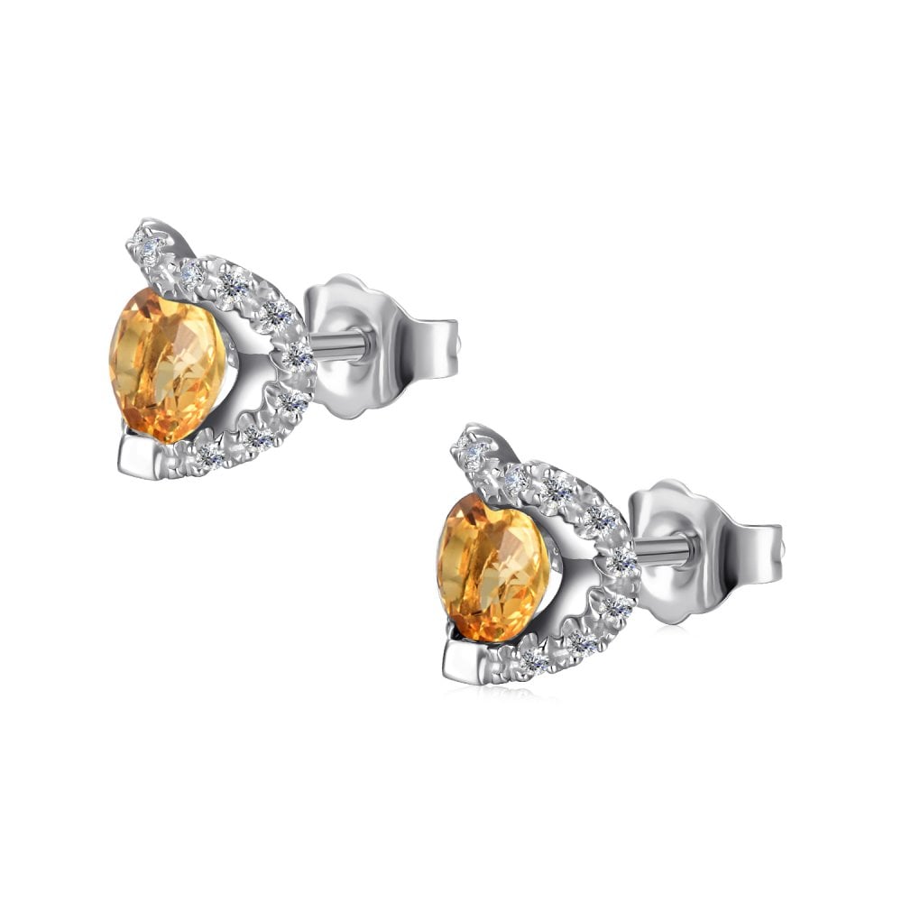 SPARKLD 9ct White Gold Diamond and Citrine Heart Stud Earrings