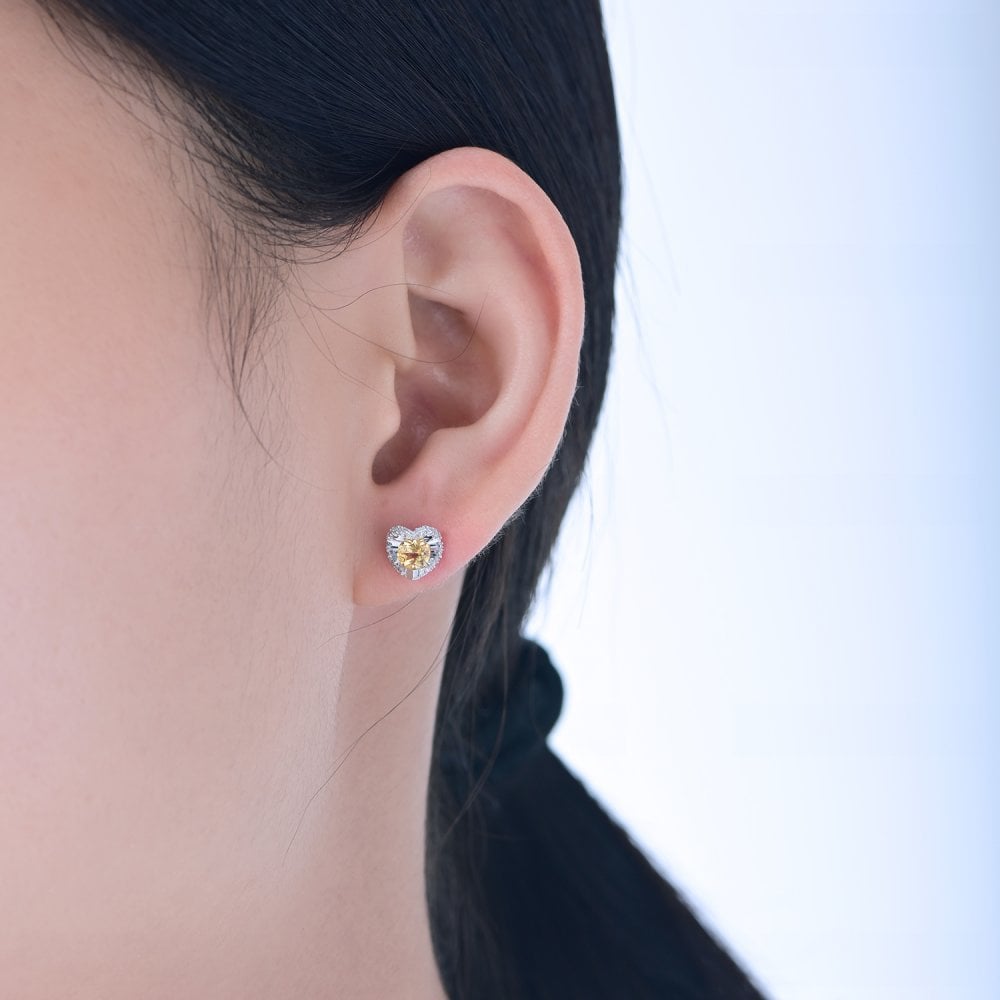SPARKLD 9ct White Gold Diamond and Citrine Heart Stud Earrings