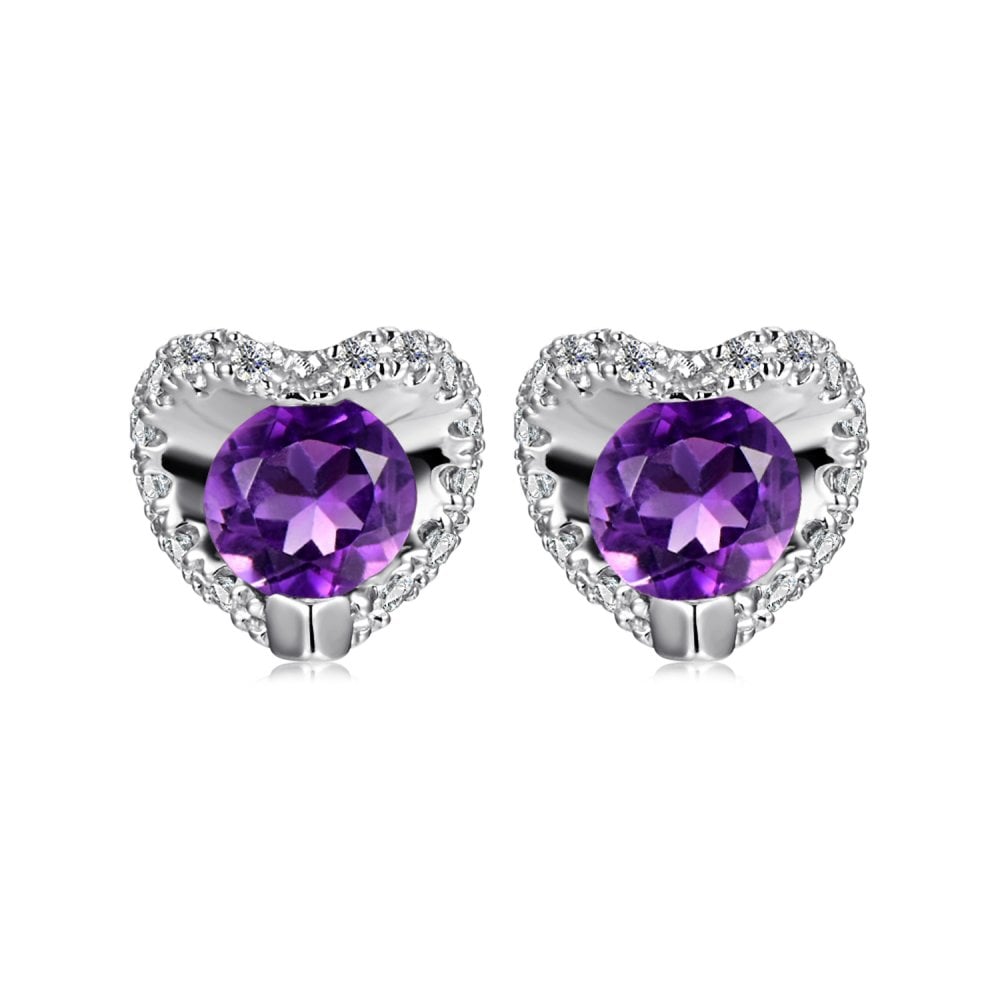 SPARKLD 9ct White Gold Diamond and Amethyst Heart Stud Earrings