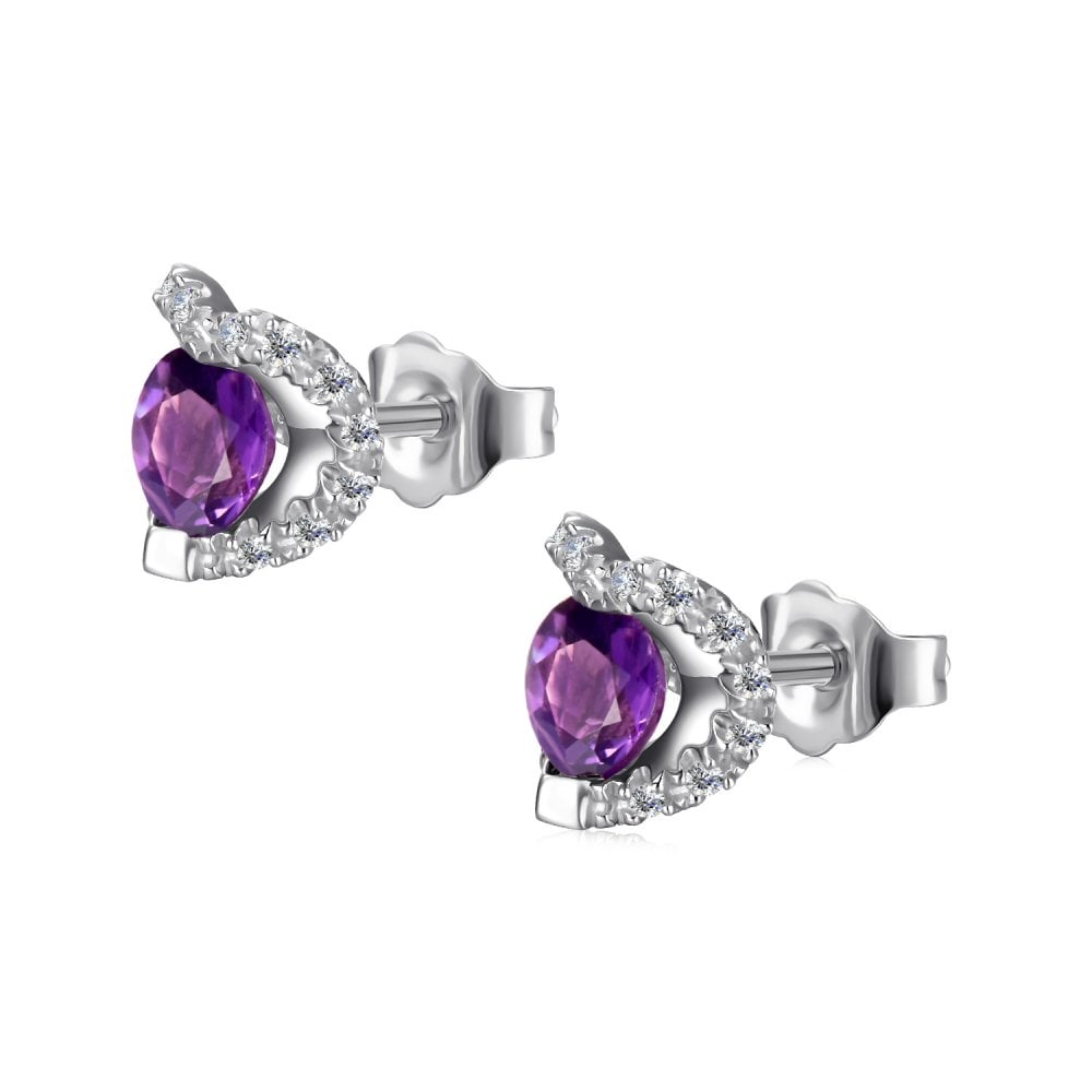 SPARKLD 9ct White Gold Diamond and Amethyst Heart Stud Earrings