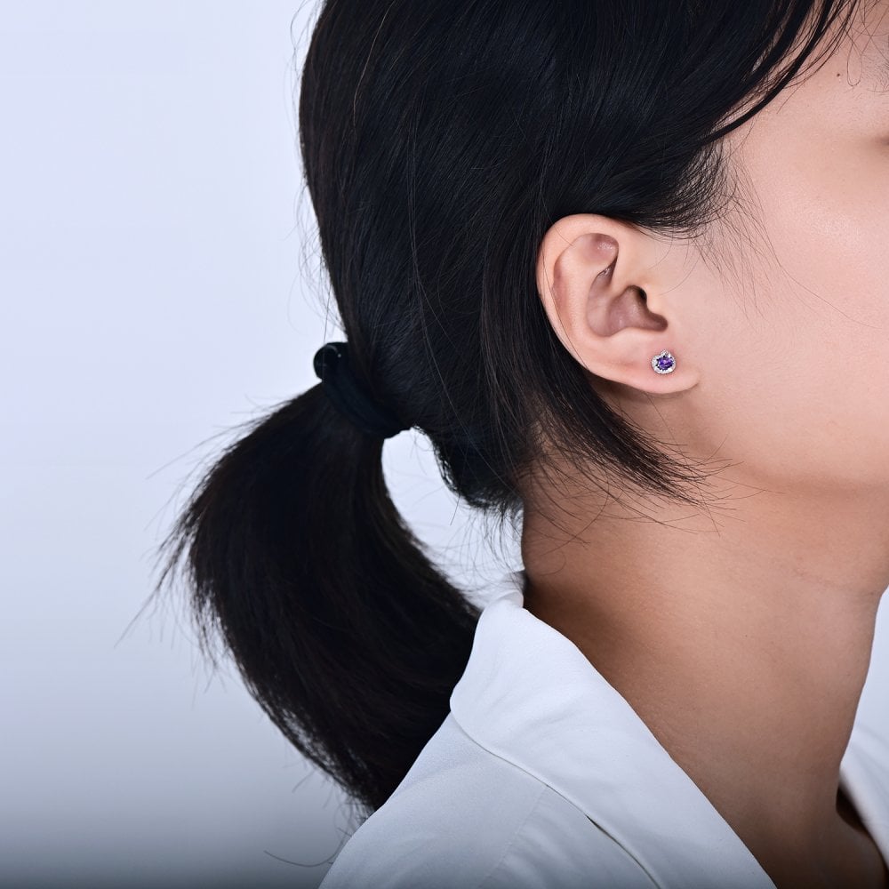 SPARKLD 9ct White Gold Diamond and Amethyst Heart Stud Earrings