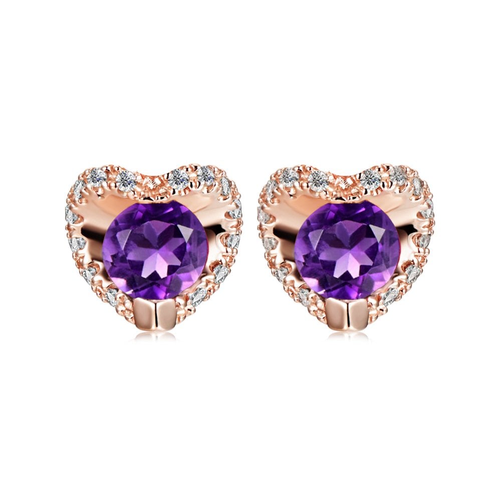 SPARKLD 9ct Rose Gold Diamond and Amethyst Heart Stud Earrings