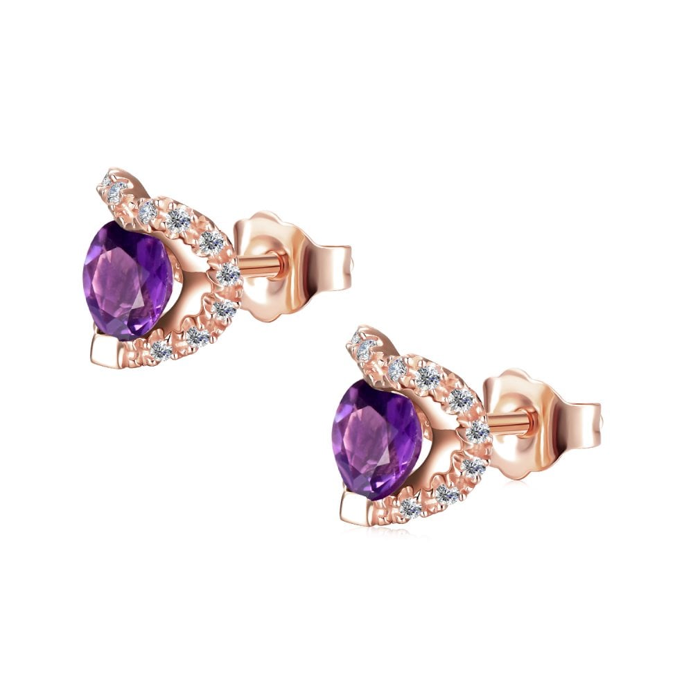 SPARKLD 9ct Rose Gold Diamond and Amethyst Heart Stud Earrings