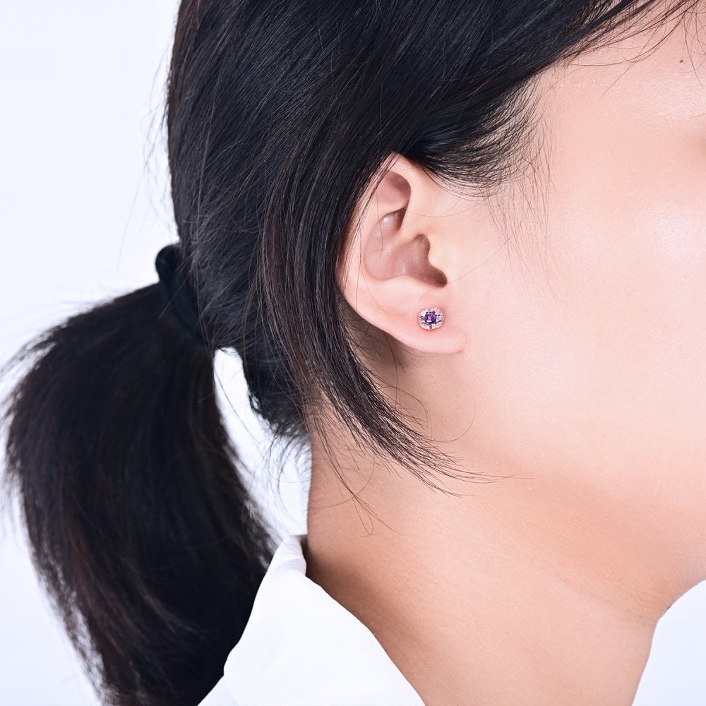 SPARKLD 9ct Rose Gold Diamond and Amethyst Heart Stud Earrings