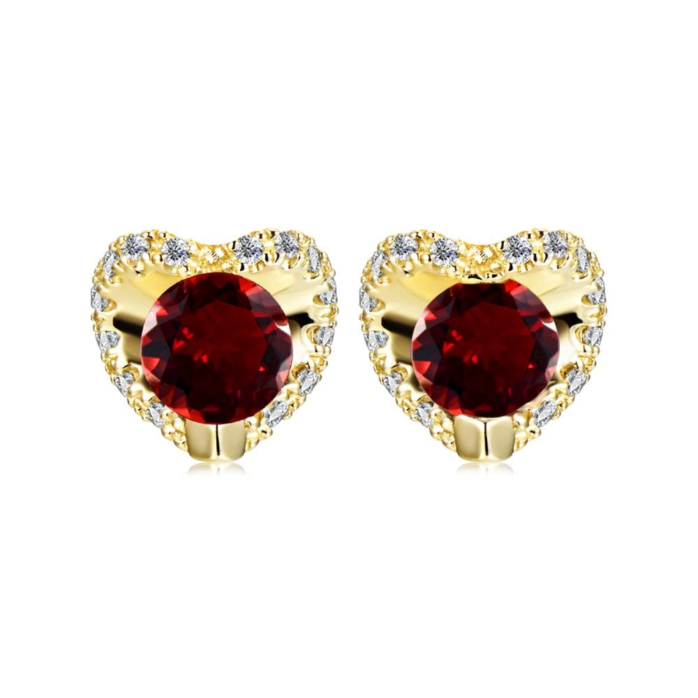 SPARKLD 9ct Yellow Gold Diamond and Garnet Heart Stud Earrings
