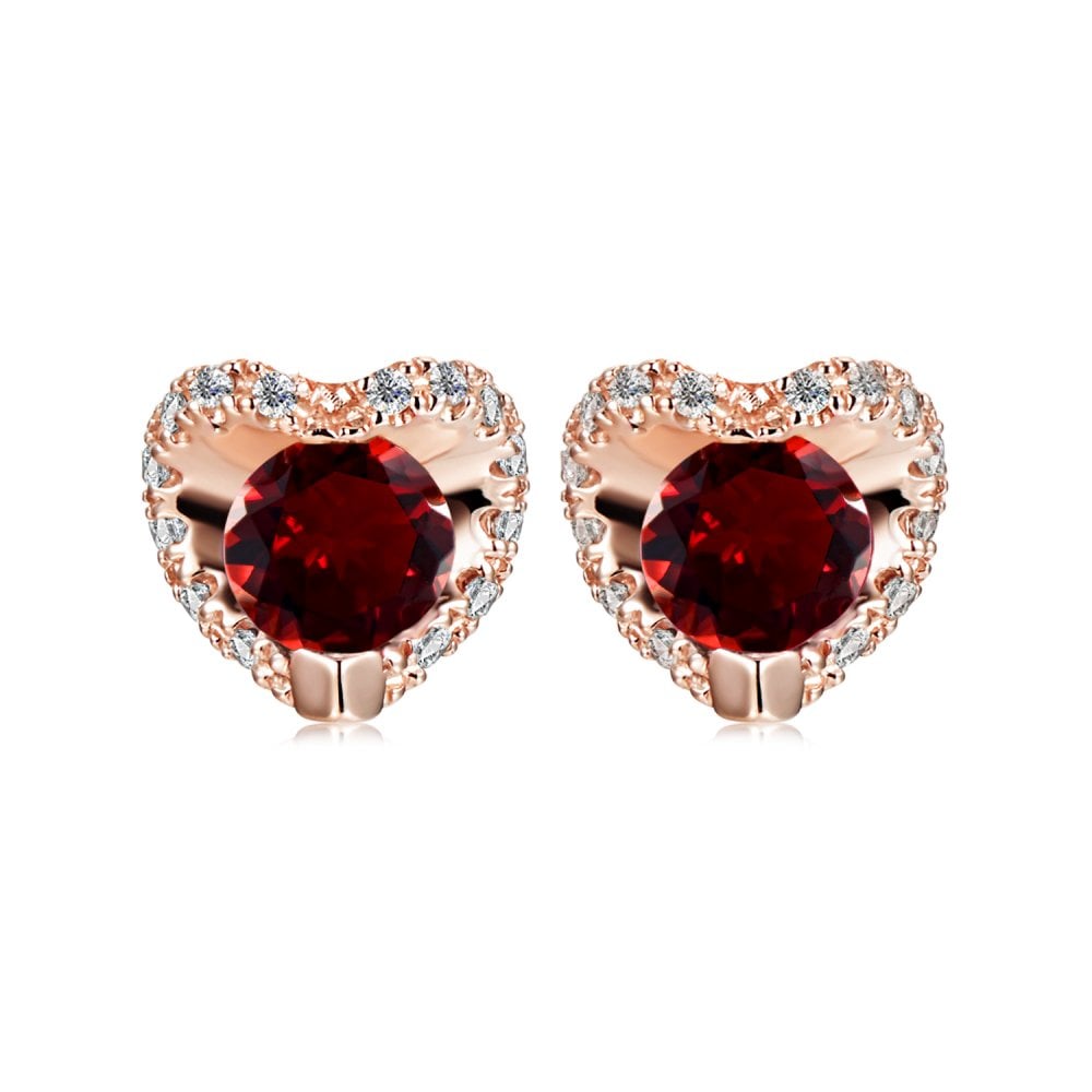 SPARKLD 9ct Rose Gold Diamond and Garnet Heart Stud Earrings