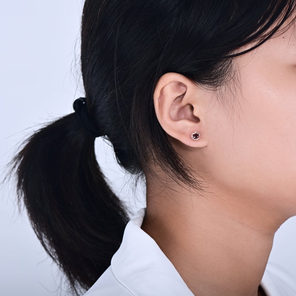 SPARKLD 9ct Rose Gold Diamond and Garnet Heart Stud Earrings