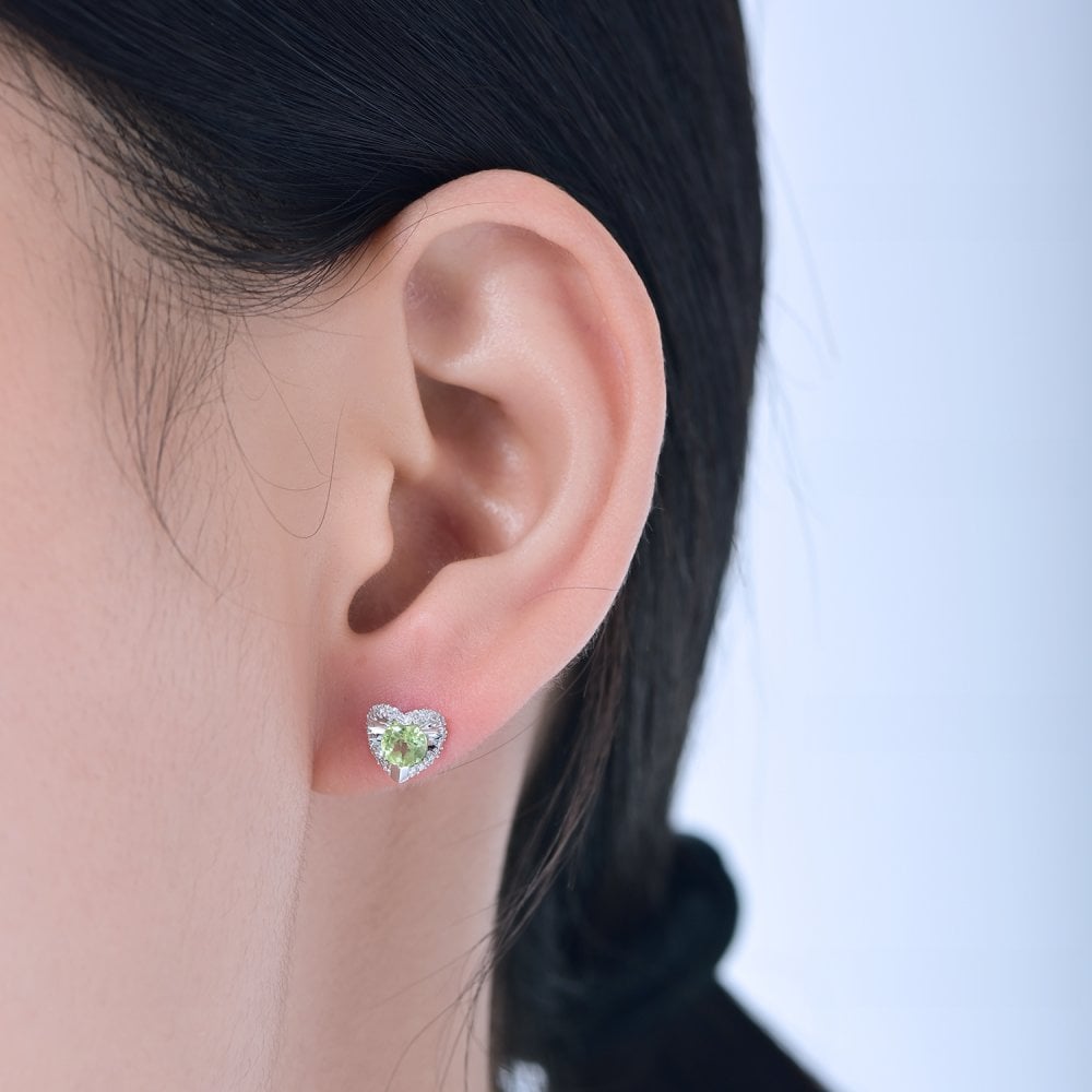 SPARKLD 9ct White Gold Diamond and Peridot Heart Stud Earrings