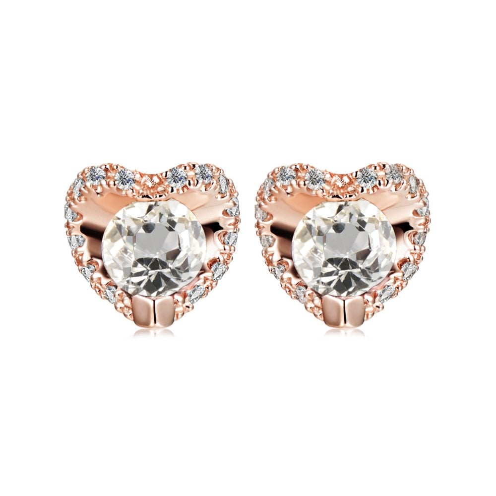 SPARKLD 9ct Rose Gold Diamond and White Topaz Heart Stud Earrings