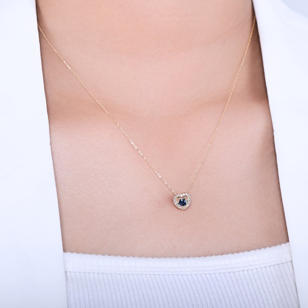 SPARKLD 9ct Yellow Gold Diamond and Sapphire Heart Pendant Necklace