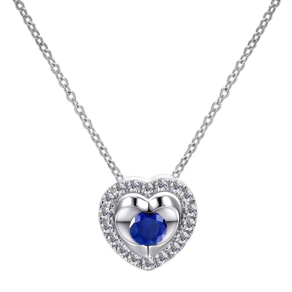 SPARKLD 9ct White Gold Diamond and Sapphire Heart Pendant Necklace