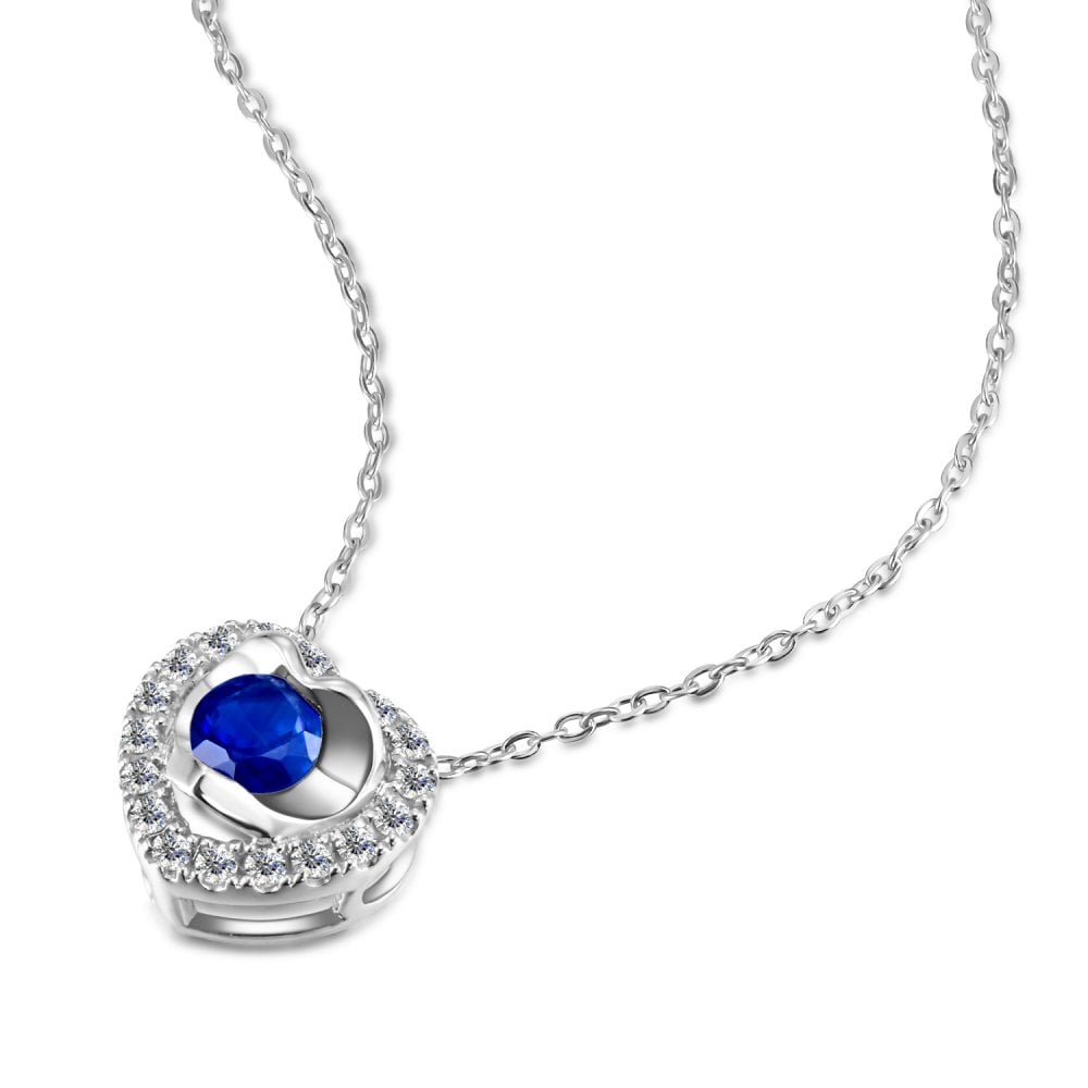 SPARKLD 9ct White Gold Diamond and Sapphire Heart Pendant Necklace