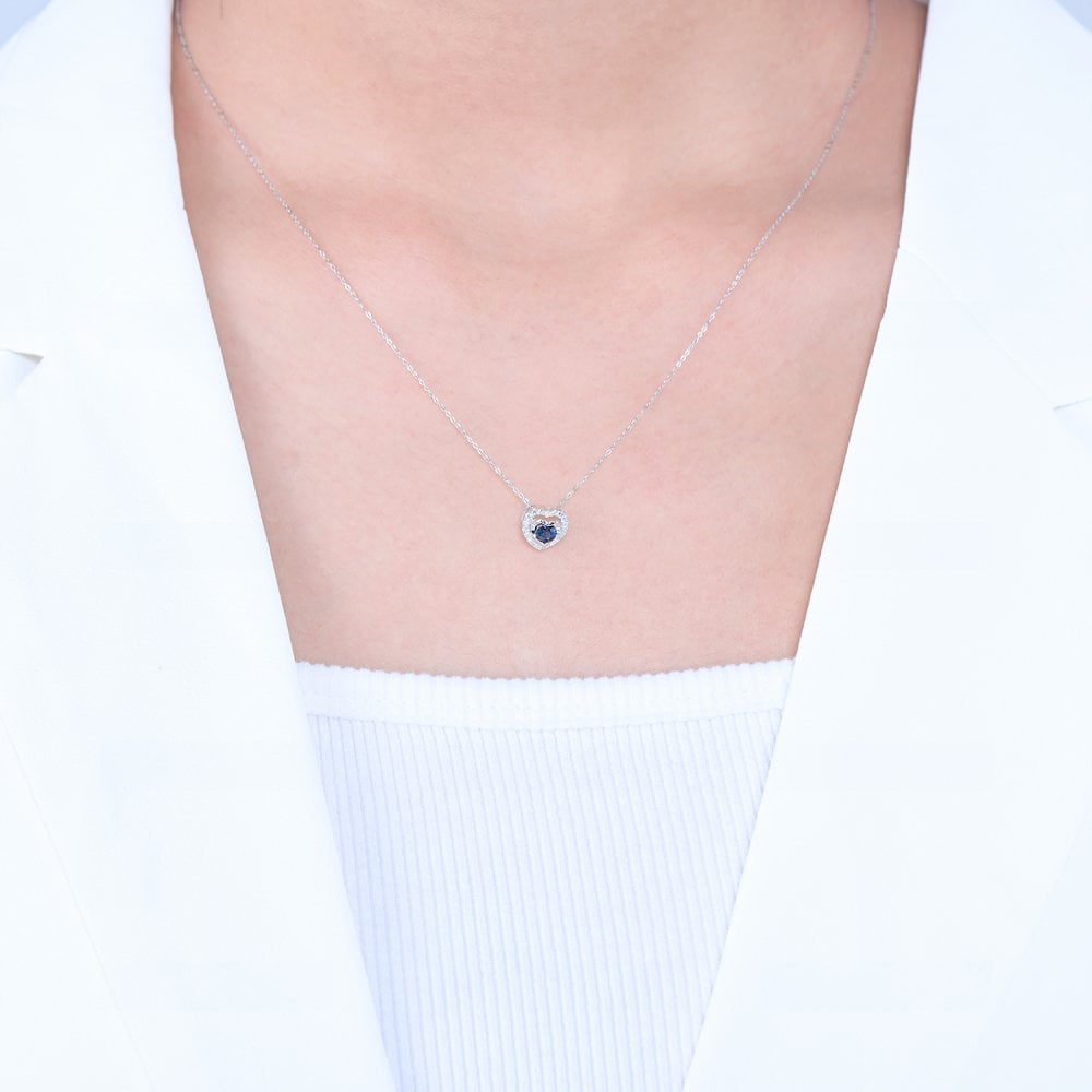 SPARKLD 9ct White Gold Diamond and Sapphire Heart Pendant Necklace