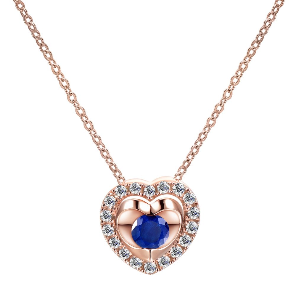 SPARKLD 9ct Rose Gold Diamond and Sapphire Heart Pendant Necklace