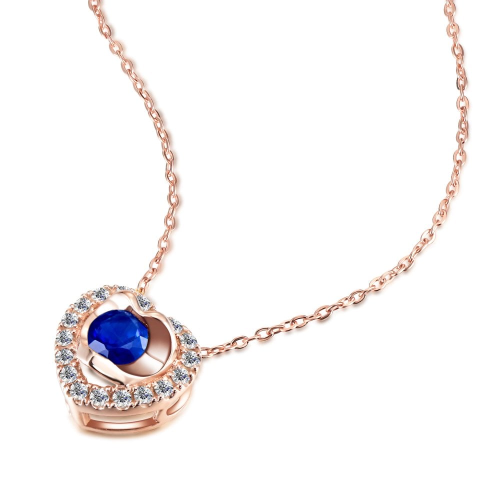 SPARKLD 9ct Rose Gold Diamond and Sapphire Heart Pendant Necklace