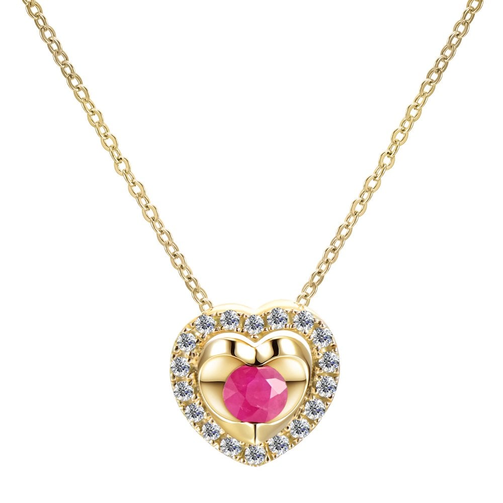 SPARKLD 9ct Yellow Gold Diamond and Ruby Heart Pendant Necklace
