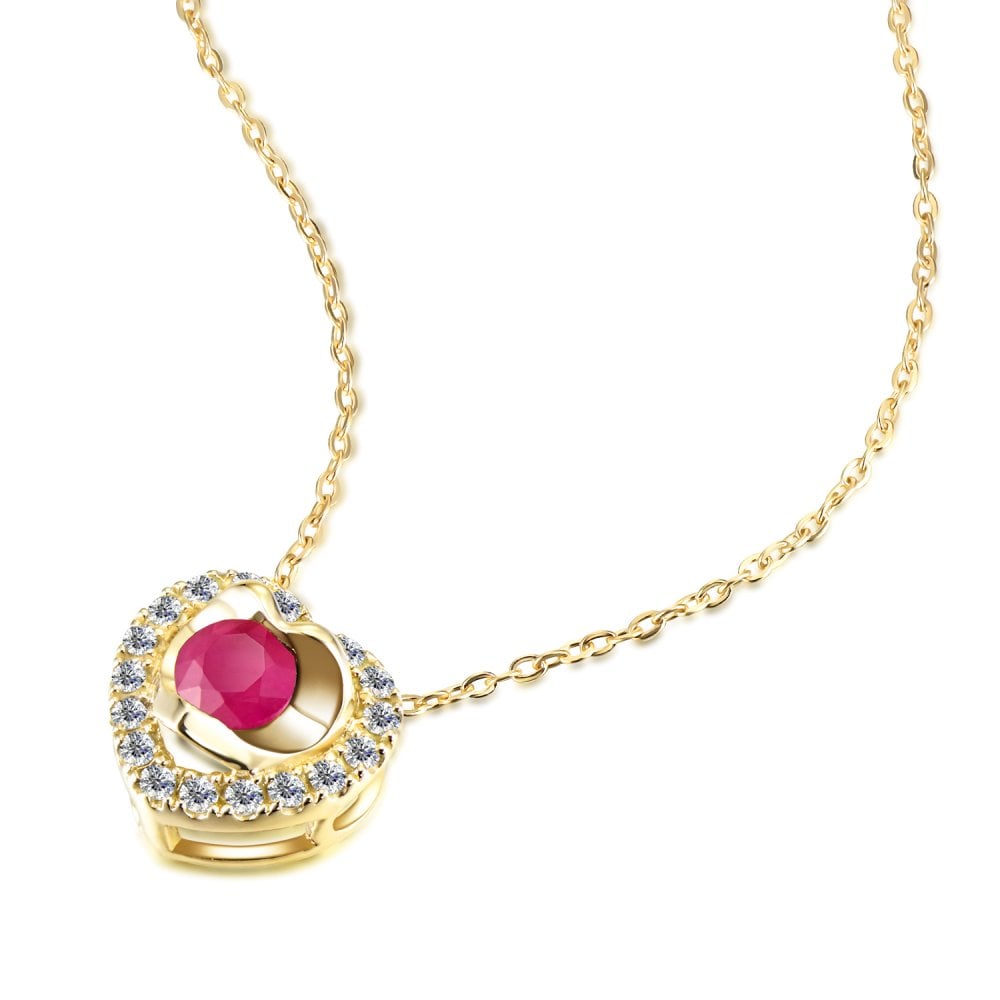 SPARKLD 9ct Yellow Gold Diamond and Ruby Heart Pendant Necklace