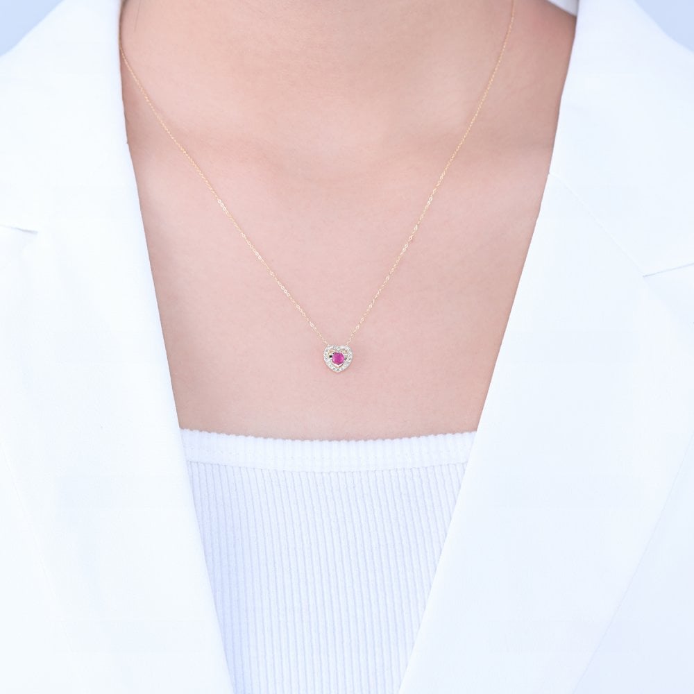 SPARKLD 9ct Yellow Gold Diamond and Ruby Heart Pendant Necklace