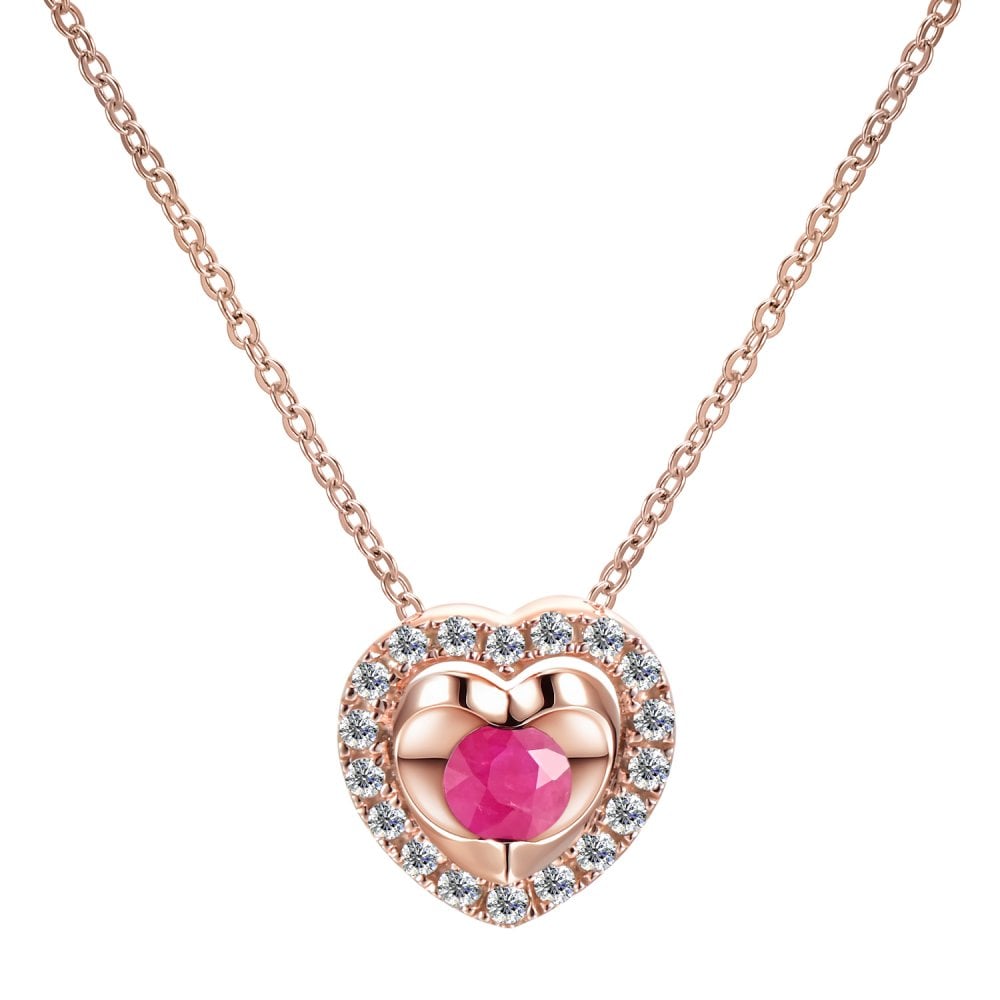 SPARKLD 9ct Rose Gold Diamond and Ruby Heart Pendant Necklace