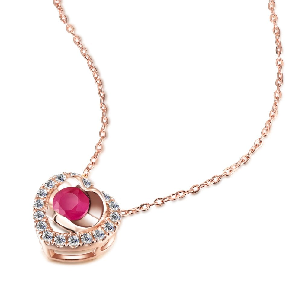 SPARKLD 9ct Rose Gold Diamond and Ruby Heart Pendant Necklace