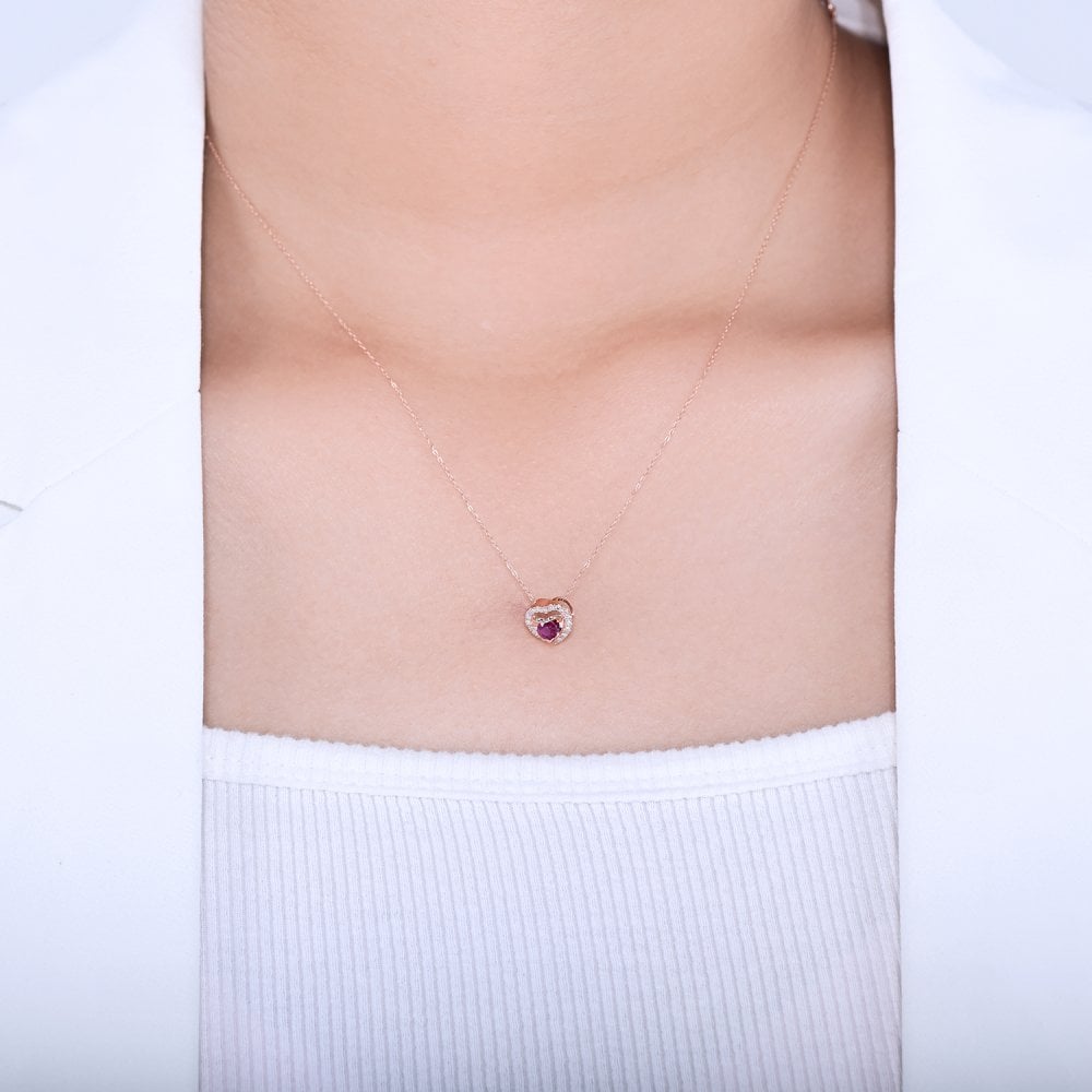 SPARKLD 9ct Rose Gold Diamond and Ruby Heart Pendant Necklace