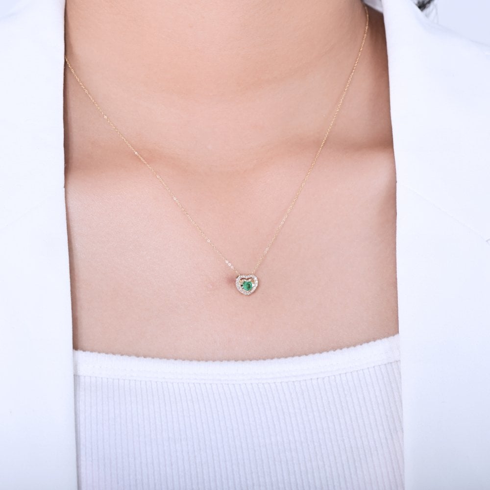 SPARKLD 9ct Yellow Gold Diamond and Emerald Heart Pendant Necklace