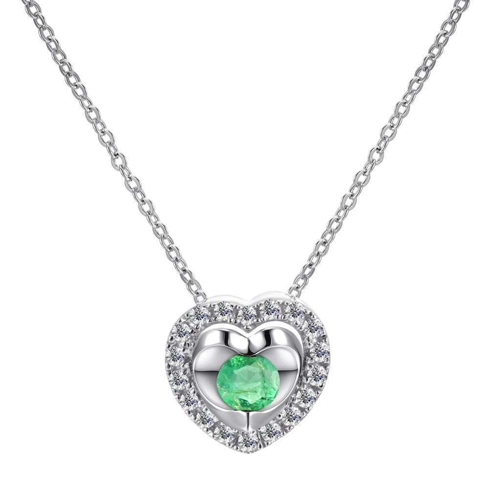 SPARKLD 9ct White Gold Diamond and Emerald Heart Pendant Necklace