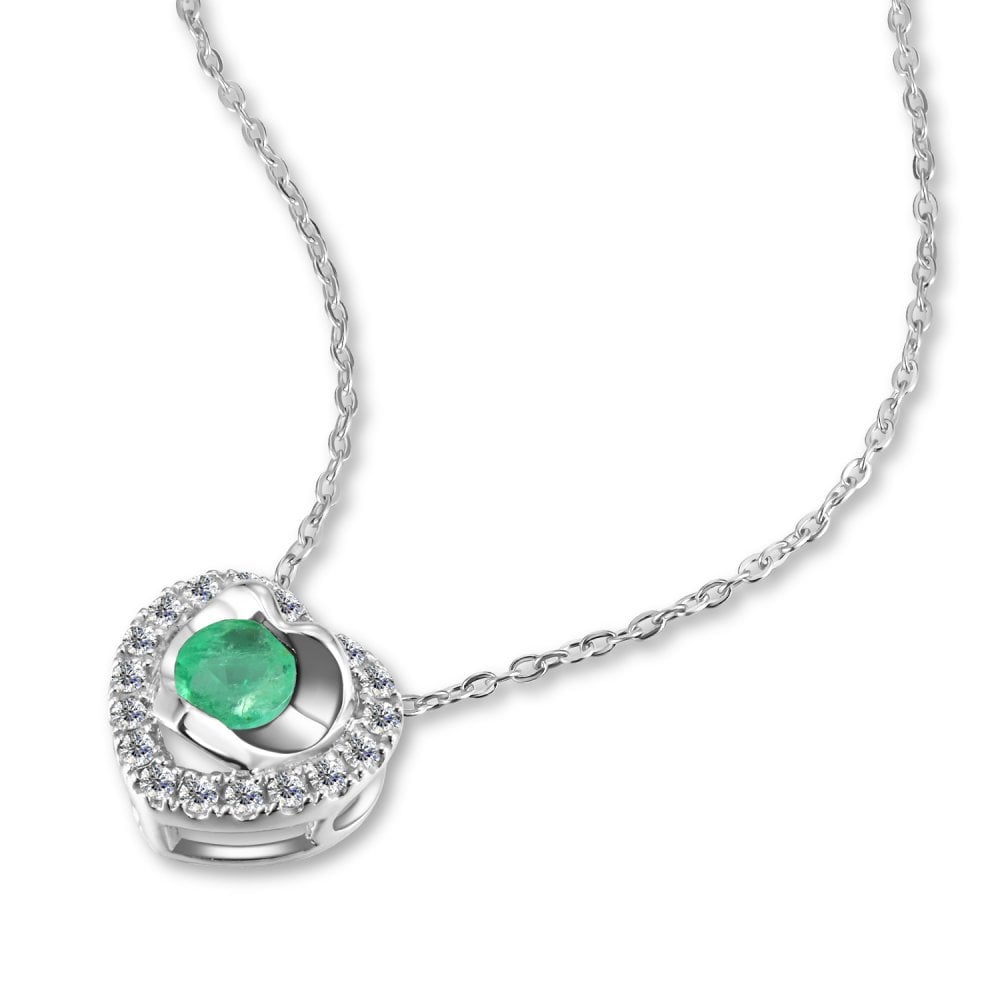 SPARKLD 9ct White Gold Diamond and Emerald Heart Pendant Necklace