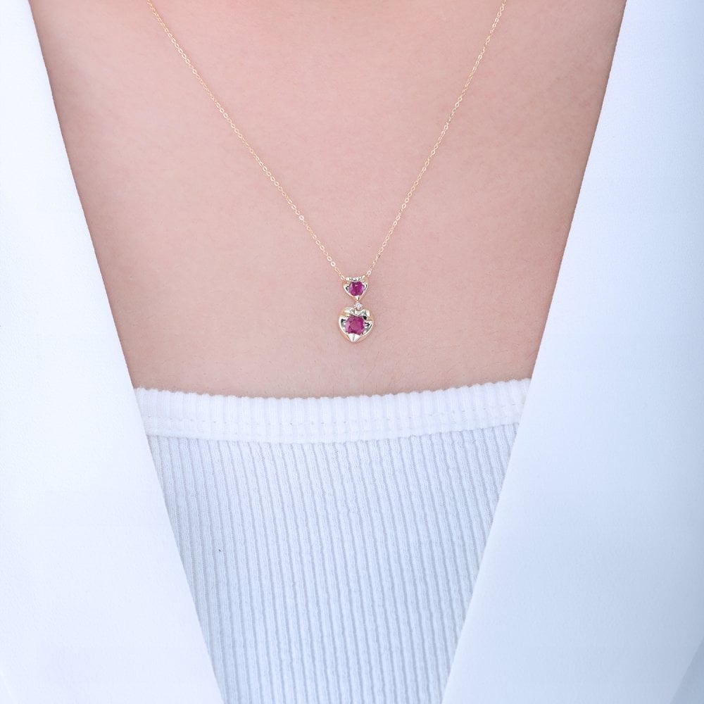 SPARKLD 9ct Yellow Gold Diamond and Ruby Heart Pendant Necklace