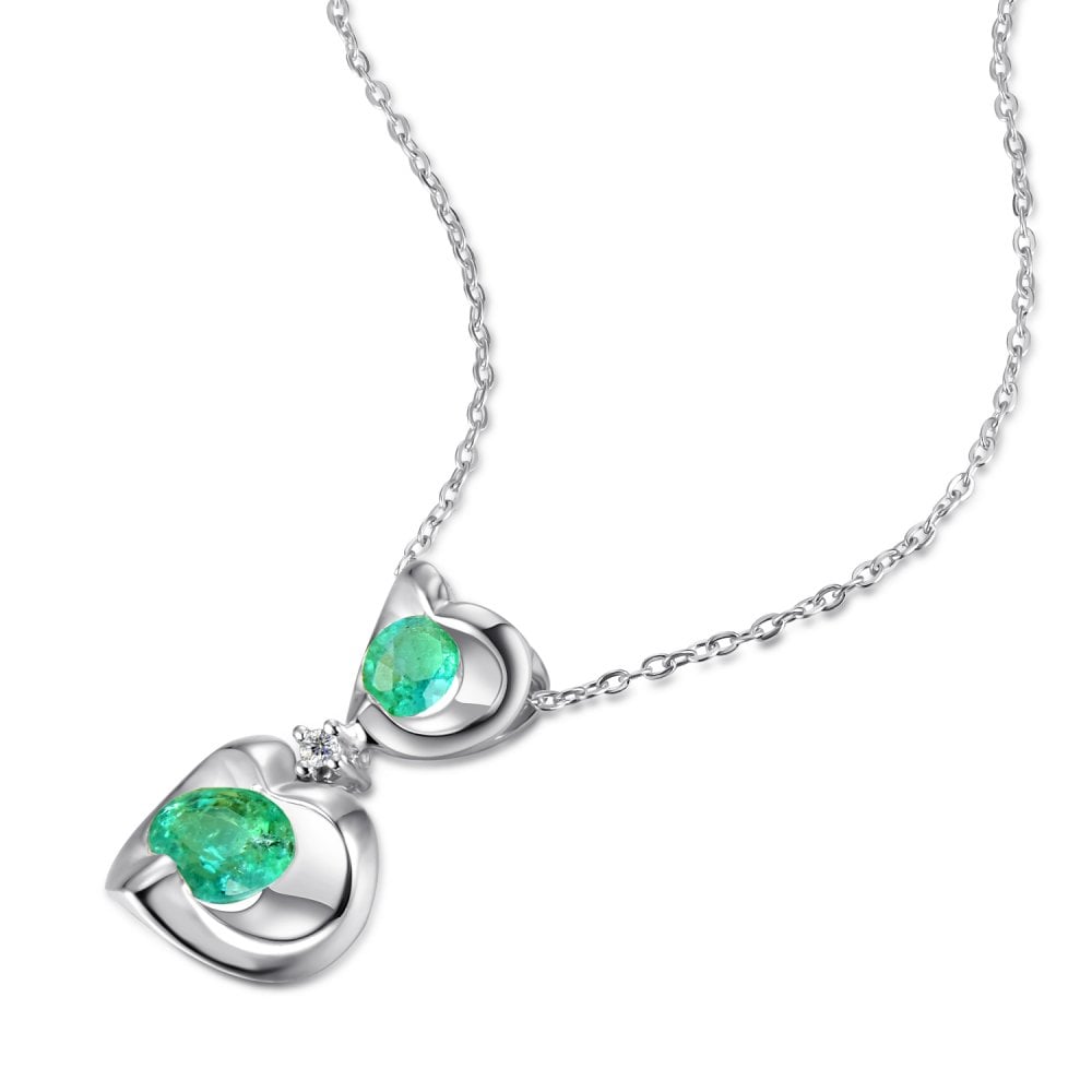 SPARKLD 9ct White Gold Diamond and Emerald Heart Pendant Necklace