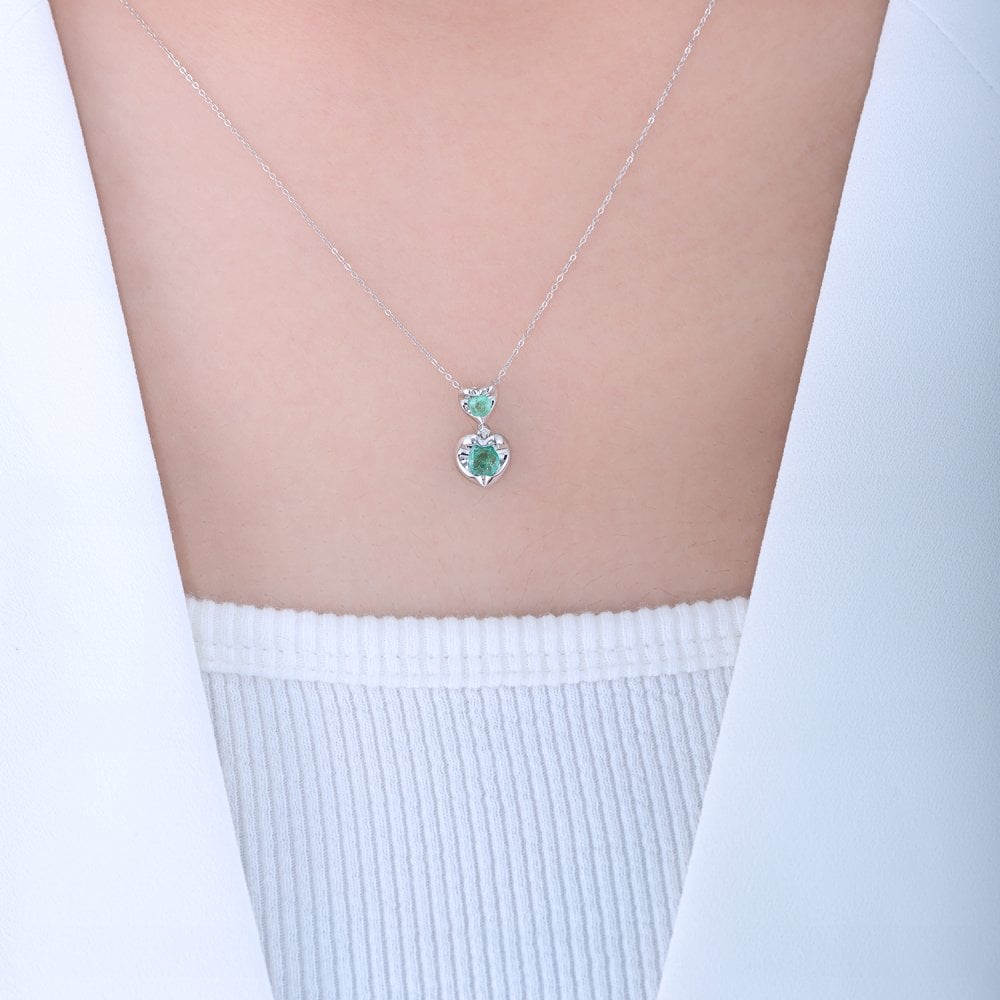 SPARKLD 9ct White Gold Diamond and Emerald Heart Pendant Necklace