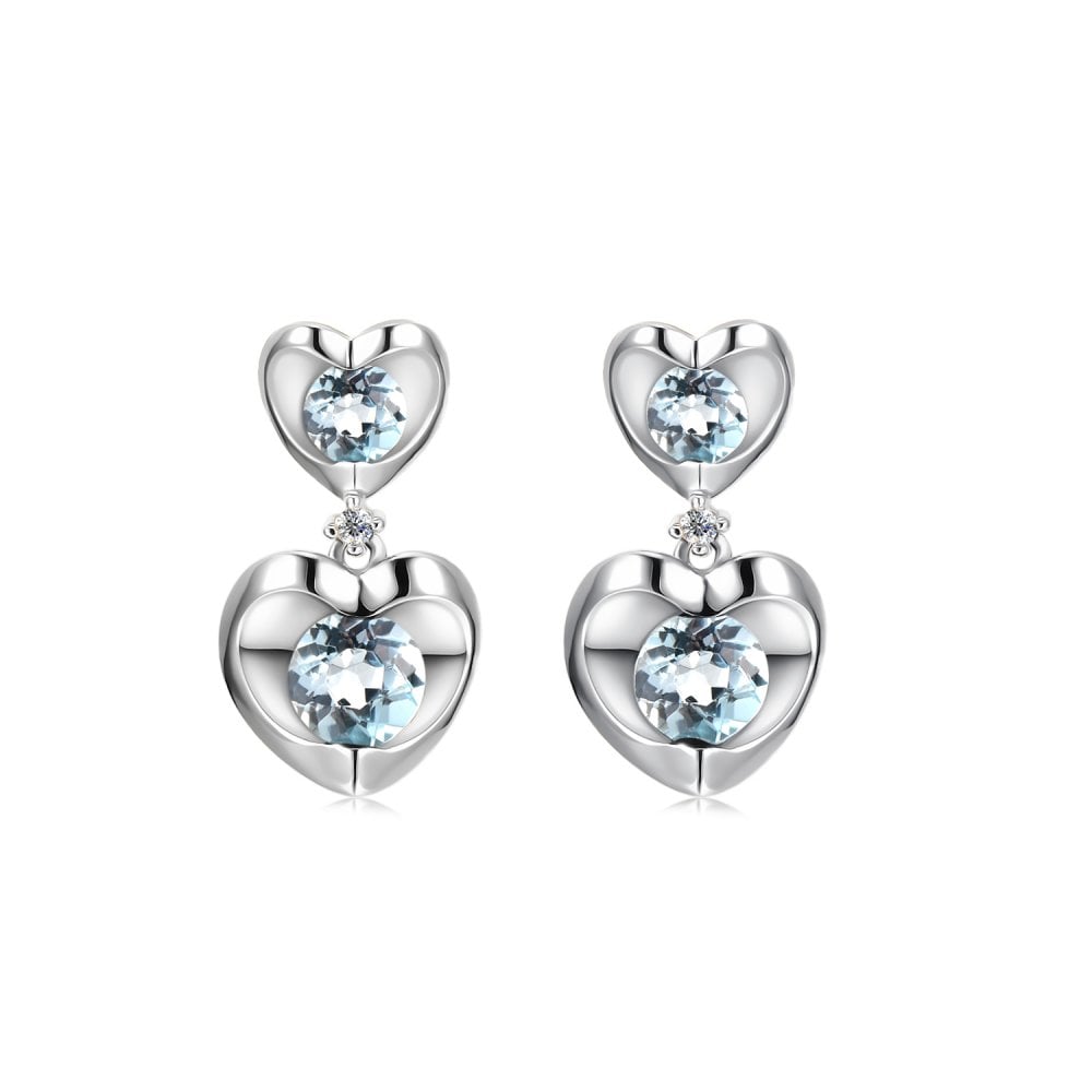 SPARKLD 9ct White Gold Diamond and Blue Topaz Heart Drop Earrings