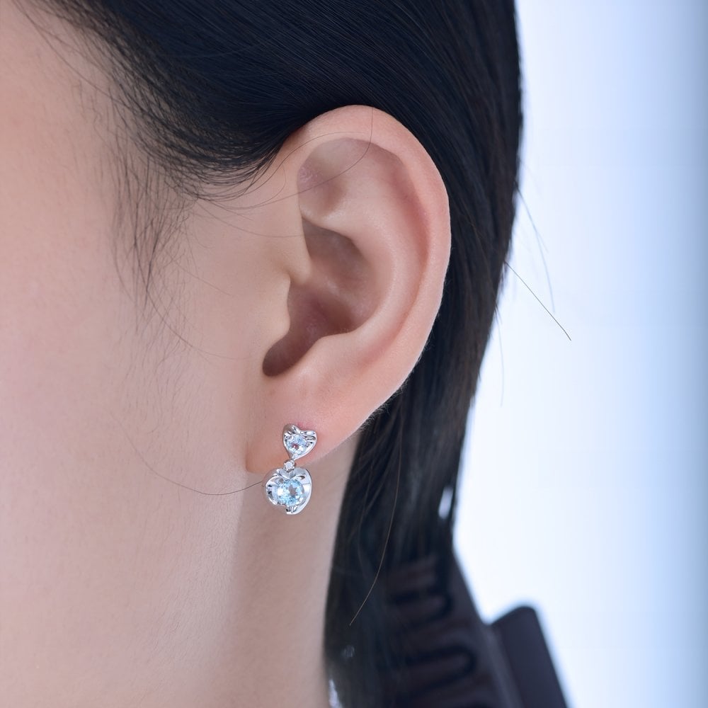 SPARKLD 9ct White Gold Diamond and Blue Topaz Heart Drop Earrings