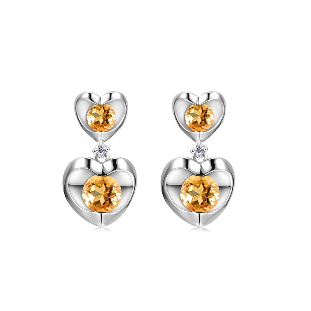 SPARKLD 9ct White Gold Diamond and Citrine Heart Drop Earrings