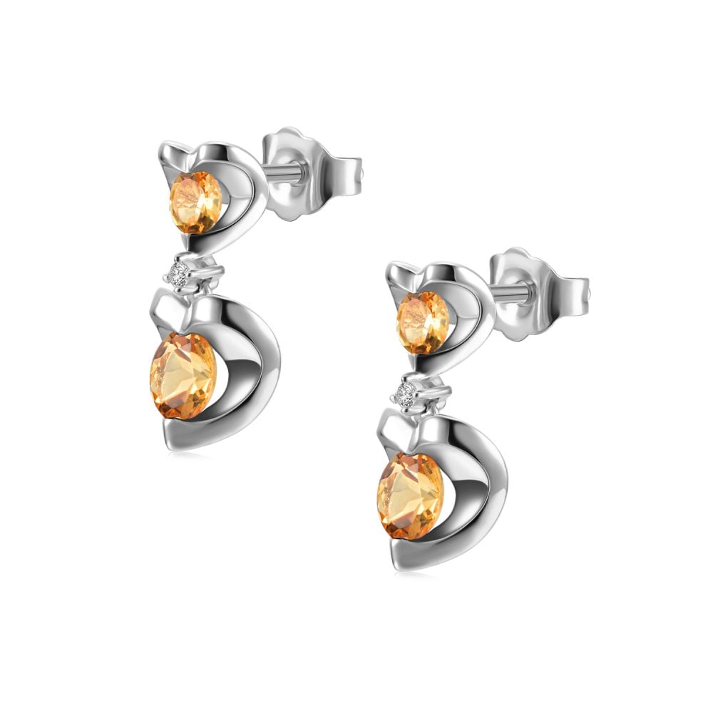 SPARKLD 9ct White Gold Diamond and Citrine Heart Drop Earrings