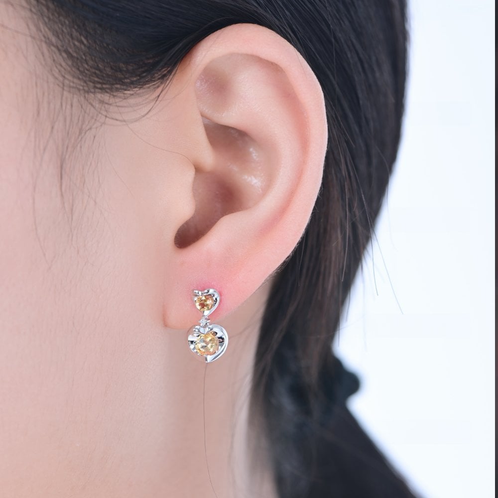 SPARKLD 9ct White Gold Diamond and Citrine Heart Drop Earrings