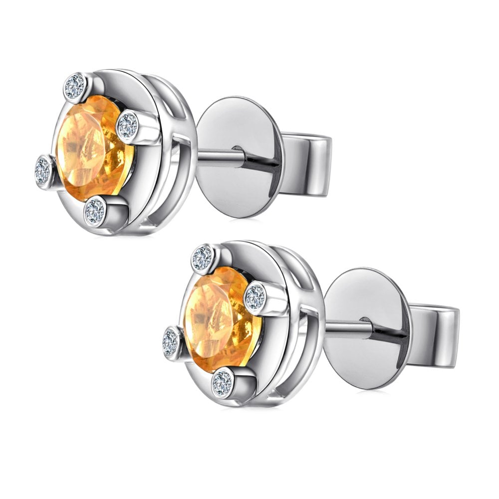 SPARKLD 9ct White Gold Diamond and Citrine Stud Earrings