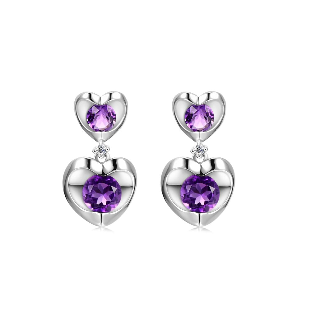 SPARKLD 9ct White Gold Diamond and Amethyst Heart Drop Earrings
