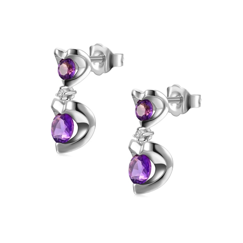 SPARKLD 9ct White Gold Diamond and Amethyst Heart Drop Earrings