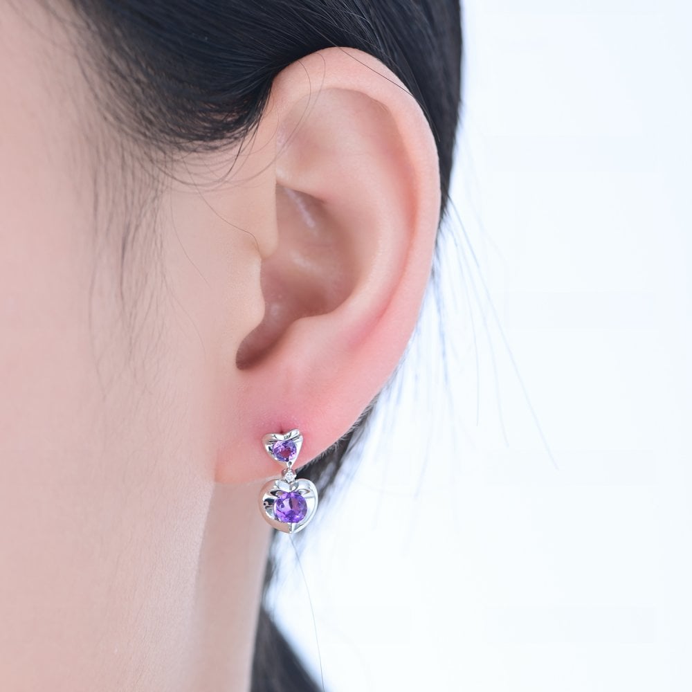 SPARKLD 9ct White Gold Diamond and Amethyst Heart Drop Earrings