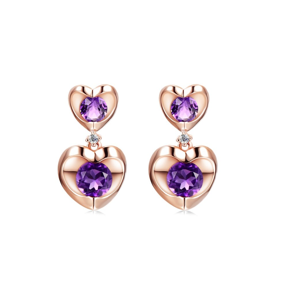 SPARKLD 9ct Rose Gold Diamond and Amethyst Heart Drop Earrings
