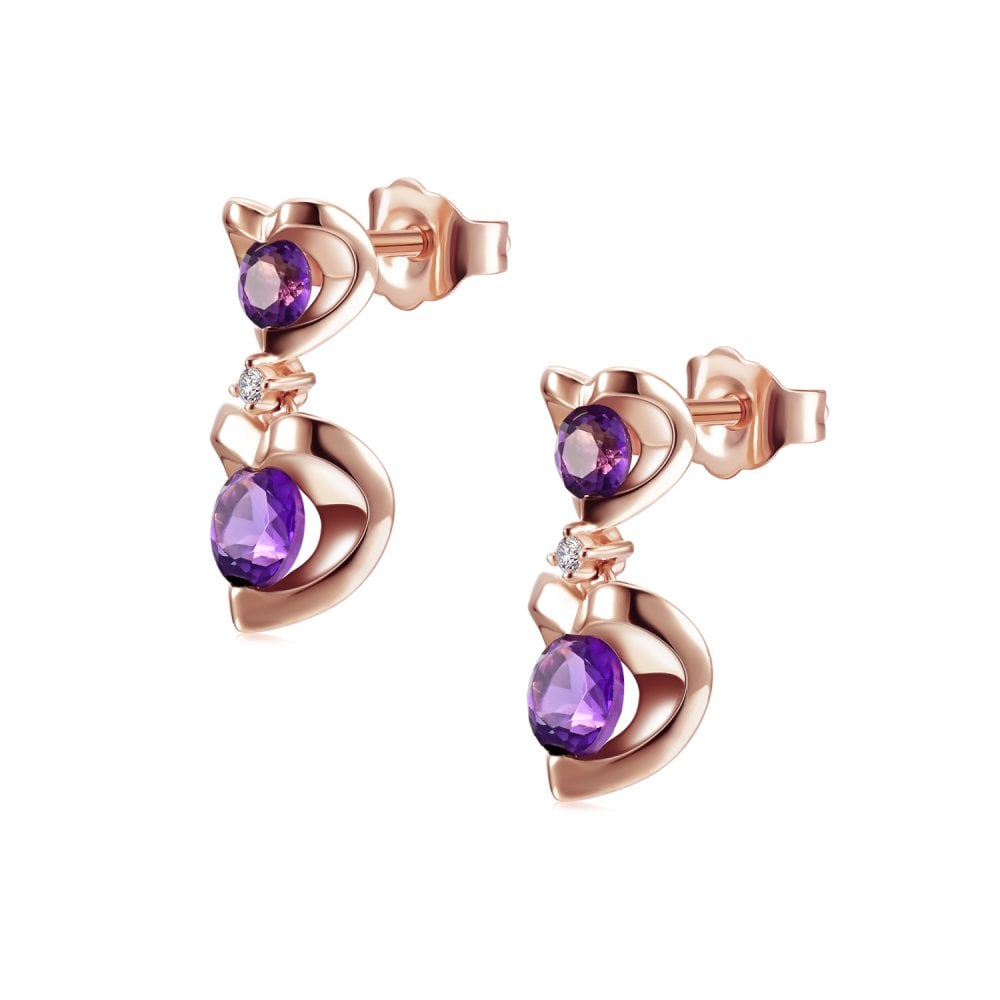 SPARKLD 9ct Rose Gold Diamond and Amethyst Heart Drop Earrings