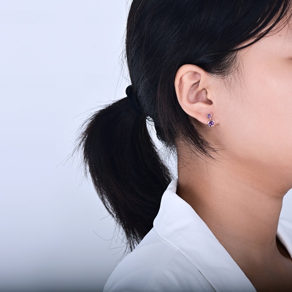 SPARKLD 9ct Rose Gold Diamond and Amethyst Heart Drop Earrings