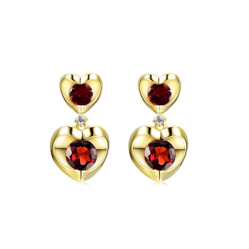 SPARKLD 9ct Yellow Gold Diamond and Garnet Heart Drop Earrings